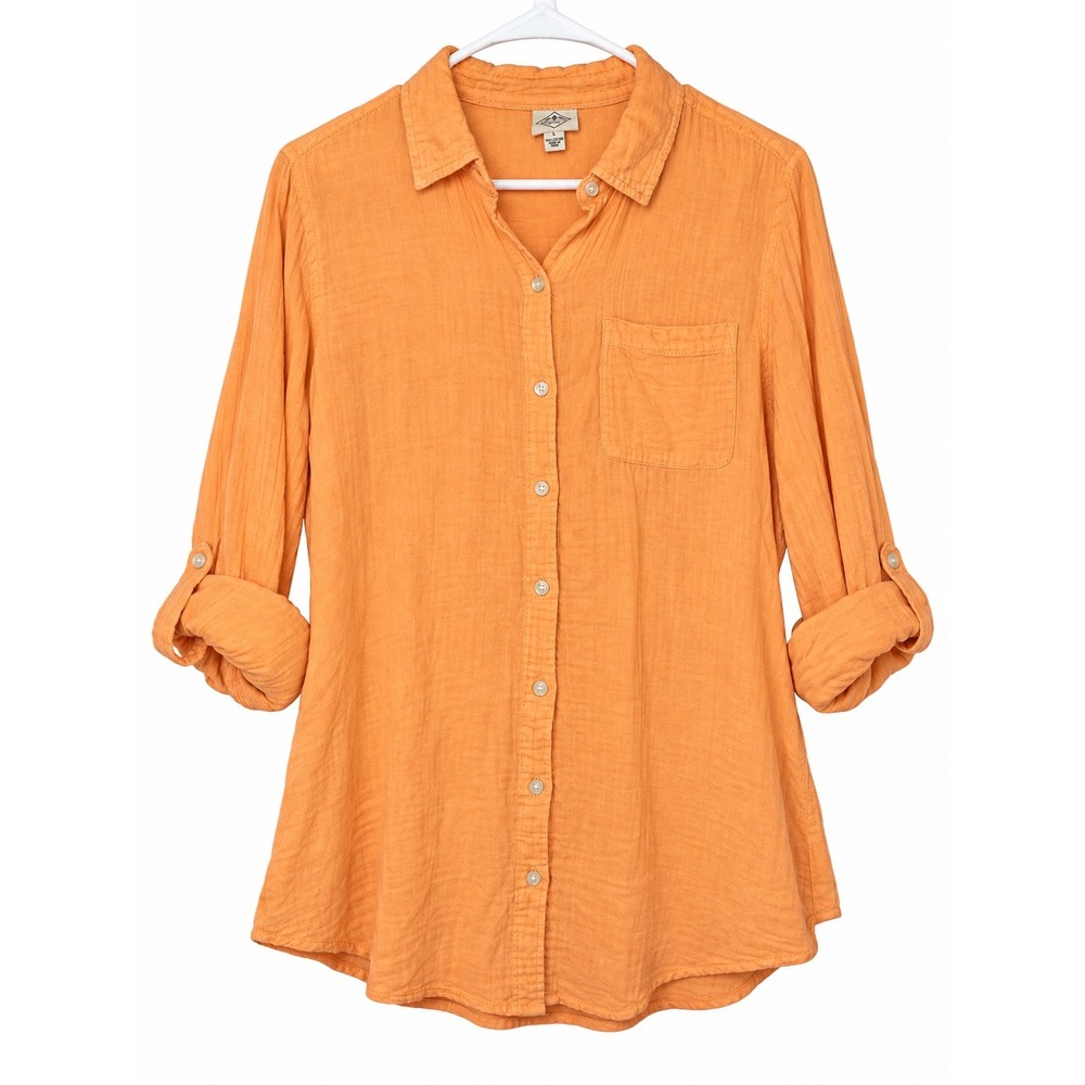 St. John's Bay Women's Large Orange Cotton Gauze Button Up Shirt Tunic 22" P2P